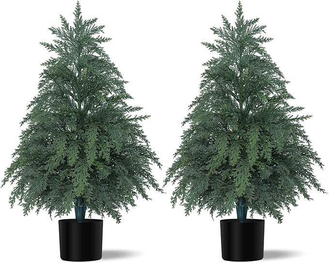 2Pack Artificial Topiary Trees, 2FT Faux Cypress, Faux Evergreen Pine Shrubs Plants with Pot, Potted Plants for Front Porch Indoor Outdoor Garden Christmas Decor