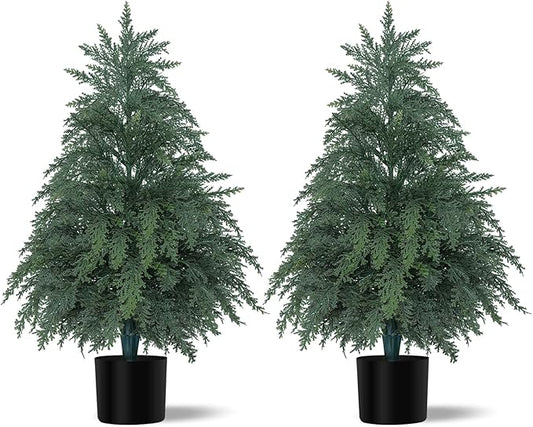 2Pack Artificial Topiary Trees, 2FT Faux Cypress, Faux Evergreen Pine Shrubs Plants with Pot, Potted Plants for Front Porch Indoor Outdoor Garden Christmas Decor