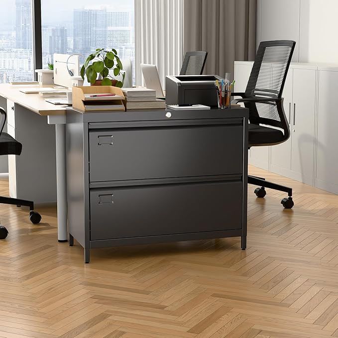 SUXXAN Metal 2 Drawer Lateral File Cabinet with Lock & Adjustable Feet - Wide Filing Cabinet for Letter/Legal/F4/A4 Hanging Files - Includes Business Card Holder,Home Office School Storage,Black