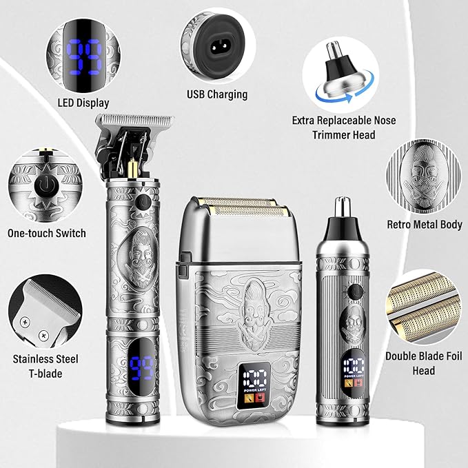 Professional Hair Trimmer Hair Clippers for Men, Nose Hair Trimmer Shaver Set,Cordless T-Blade Beard Trimmer Barber Clippers,Electric Razor Foil Shavers for Men Haircut Grooming Kit(Silver)