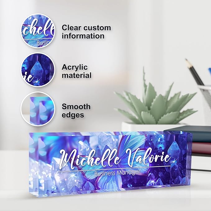 Personalized Name Plate for Desks, Custom Desk Name Plates, Acrylic Name Plate Office Desk Accessories, Personalized Office Gifts for Coworkers Teachers, Employee Appreciation Gifts (Crystal Butterfly)