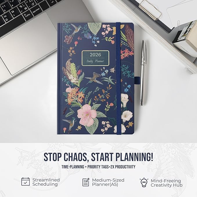 Daily Planner 2026 with One Page Per Day,(A5-8.5" x 5.9"),12 Months Calendar Hourly Appointment Book Monthly Tabs&Self-adhesive Pen Holder,Inner Pocket,3D Designed Flower Cover,Green