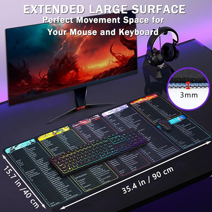 Thick Large Gaming Mouse Pad, XXL Gaming Mousepad Gamer Gifts for men, PC Game Keyboard Controls Quick Keys Shortcuts Commands Desk Mat,Gaming Room Desk Accessories for Boys,35.4*15.7 Inch