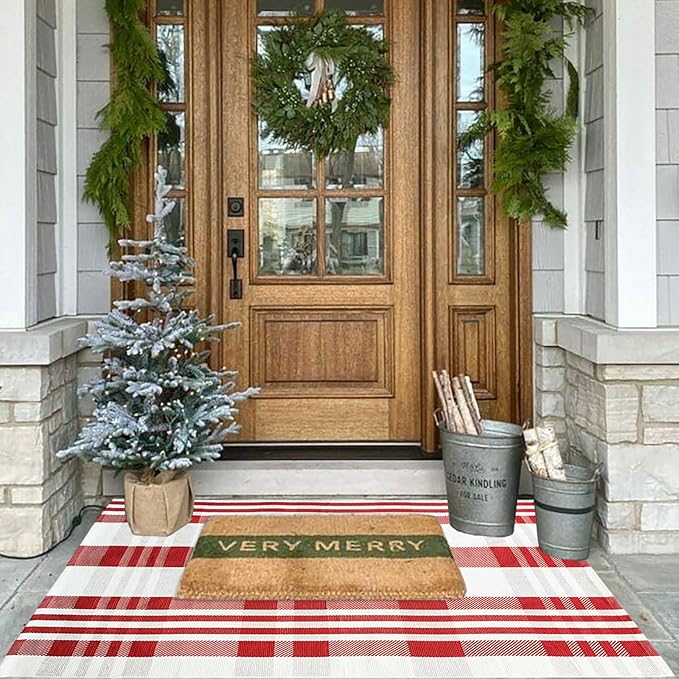 Christmas Plaid Outdoor Rug, 3' x 5' Red&White Check Indoor/Outdoor Area Rug, Layering Rug for Hello/Welcome Door Mat, Machine Washable Cotton Woven Rug for Farmhouse Front Porch, Entryway