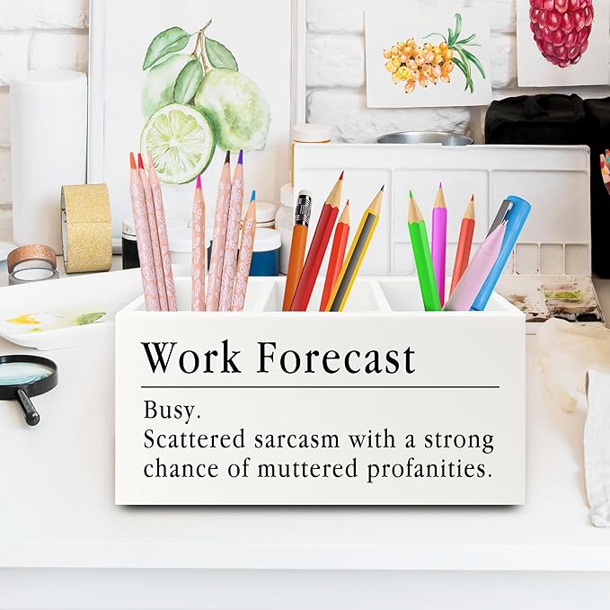 Funny Pen Pencil Holder Organizer for Desk, Funny Coworkers Gifts for Women, Office Humor Gifts, Work Forecast Wooden Box Sign for Home Office Desk Tabletop Decorations