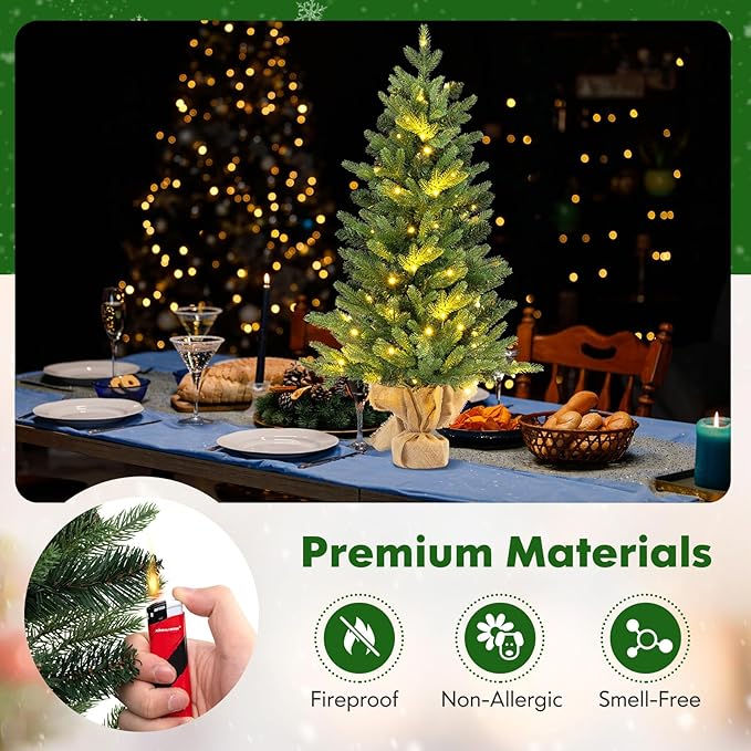 HAPPYGRILL 3FT Small Pre-Lit Christmas Tree, Mini Tabletop Xmas Tree with 363 Branch Tips, 50 LED Lights, Burlap Cement Base, Timer, Artificial Spruce Christmas Tree for Home Office Decor