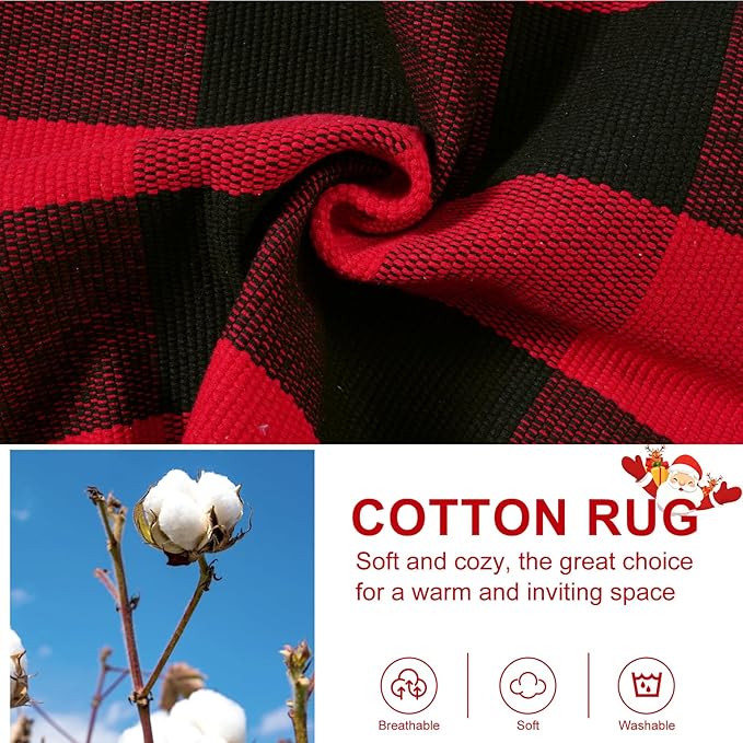 OJIA Christmas Outdoor Rug 3'x5', Red Plaid Front Door Mat Outdoor Area Rug Washable Cotton Outside Door Mats Layered Doormats Cotton Floor Carpet for Porch/Patio/Farmhouse/Entryway/Kitchen/Foyer