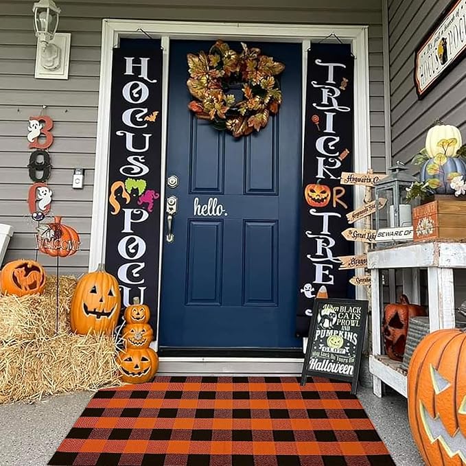 Buffalo Plaid Outdoor Rugs, 3'x5' Orange and Black Checkered Indoor/Outdoor Area Rug, Layering Rug for Hello/Welcome Door Mat, Washable Cotton Woven Farmhouse Mat for Fall Front Porch Décor