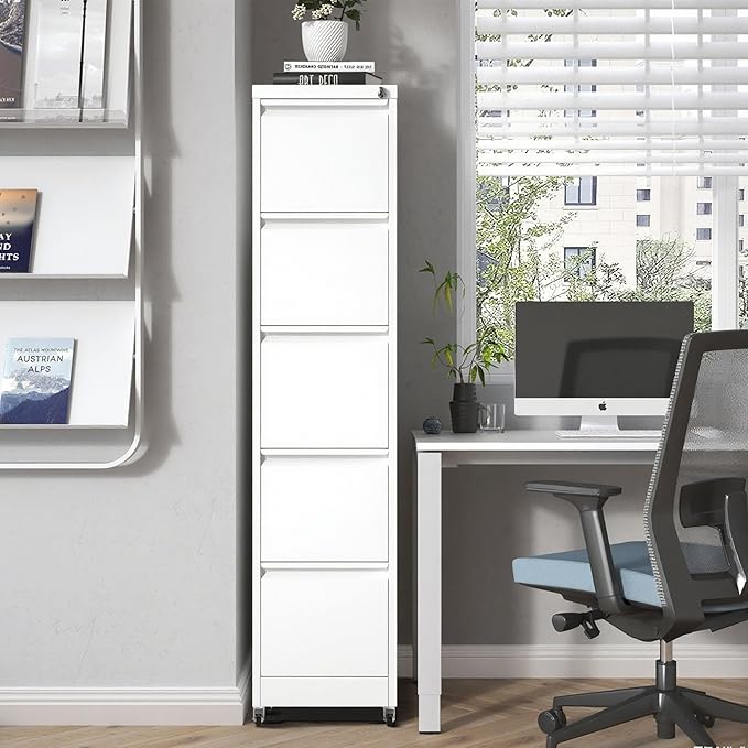 5 Drawers Filing Cabient with Wheel, File Cabinet with Lock, Steel Vertical Filing Storage Cabinet for Office, Heavy-Duty File Cabinets for Letters/Legal/A4 (Require Assembly, White)