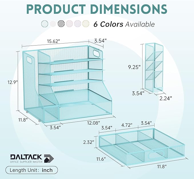 DALTACK Mesh Desk Organizer, 5-Tier Paper Letter Tray with File Holder & Pen Holder & Sliding Drawer, Desktop Organizer and Storage for Desk Accessories Office Supplies, Blue