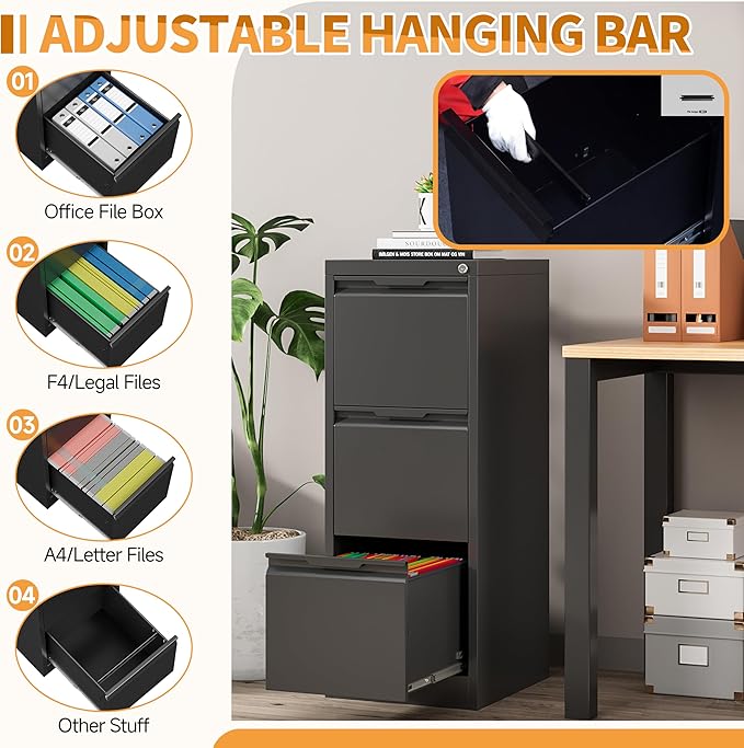 3-Drawer Metal File Cabinet with Lock,Steel Printer Stand with Storage for Home Office,Vertical Filing Cabinet for Legal/Letter/A4 Files,Assembly Required