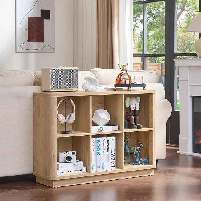 6 Cube Storage Book Shelf, 40" Wide Low Horizontal Bookcase with Curved Edge, Floor Standing 2-Tier Wooden Bookshelf with Base, Modern Short Book Case for Bedroom, Study, Entryway, Natural Oak