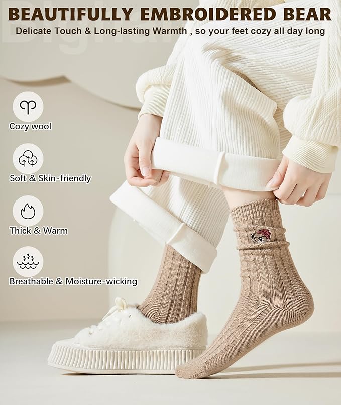 IIG Cute Warm Wool Socks for Women Super Cozy Thick Crew Winter Socks Gifts, 5 Pairs