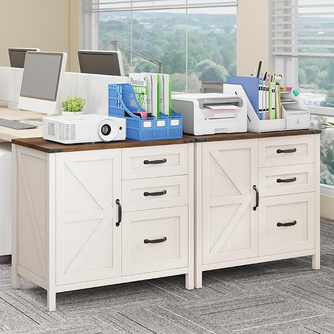 Lateral File Cabinet with 3 Drawers, Farmhouse File Cabinet for Letter/A4 Size Hanging Files, Large Wood File Storage Cabinets Printer Stand for Home Office Furniture, Rustic White