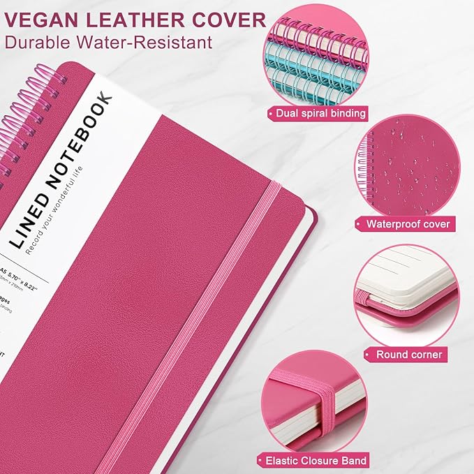 Lined Spiral Journal Notebook, A5 Hardcover Leather Notebook for Work, 5.7''×8.2'', 100GSM Thick Paper Spiral Bound Journaling Notebooks for Women & Men Office School Note Taking Business, Rose Red