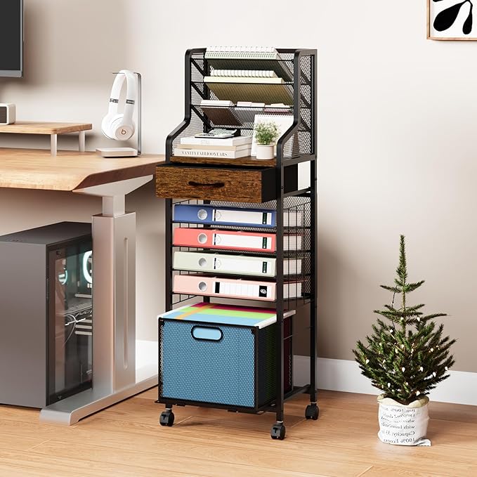 SWTYMIKI 10-Tier Rolling File Cart - Mesh Paper Organizer with Drawer and Hanging File Folders on Lockable Wheels, Wood Teacher Cart for Office Organization, Storage in Home, Studio, School, Espresso