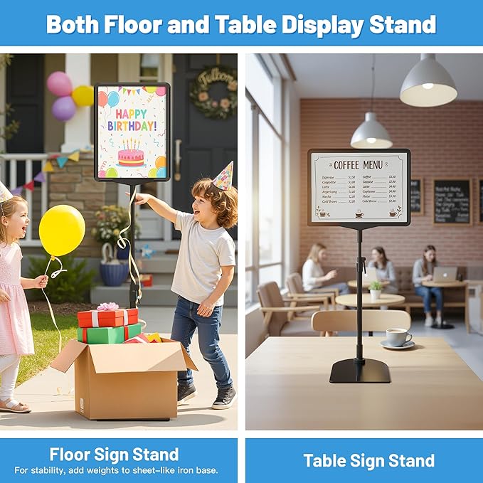 Sign Holder Stand 8.5 x 11, Adjustable Poster Stand for Table Top & Floor, Metal Signage Display Stands, Floor Standing Sign Holder for Advertisement, Tradeshow, Store, Business, 2 Pack