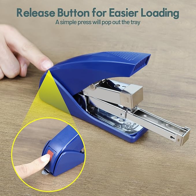 AFMAT Effortless Stapler for Desk, 50 Sheet Capacity, Low Force, Built-in Staple Remover, One Finger Touch Stapling Desktop Stapler, Portable & Space Save Size, Good for Home & Office, Blue