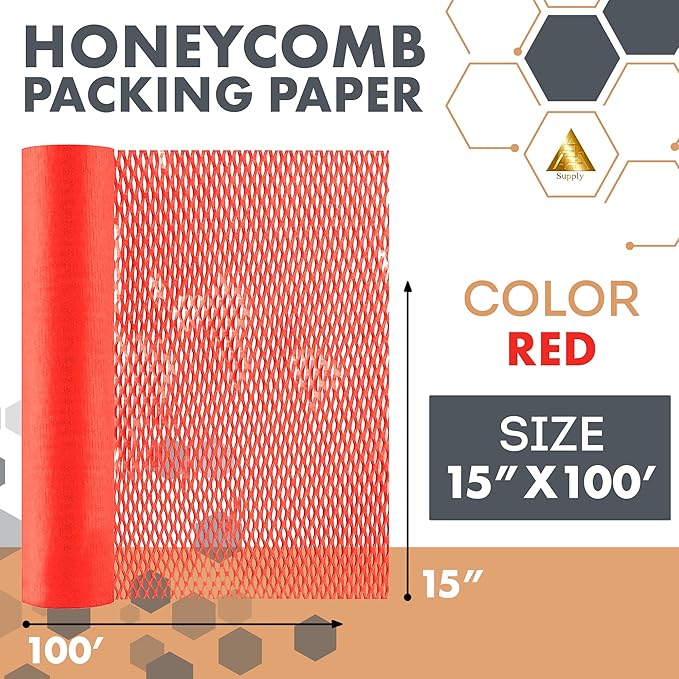 Red Honeycomb Packing Paper for Moving Breakables, 15 Inch x 100 Feet. Fragile Shipping Supplies. Perforated Packing Materials for Fragile Items. Moving Paper Wrap. Eco Friendly Packaging