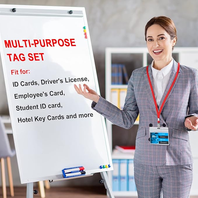 Marspark 50 Sets Clear Name Tags with Lanyard, Lanyards for ID Badges Reusable Strap with ID Holder Plastic Name Badges for Adults Business School Church Conference (Red)