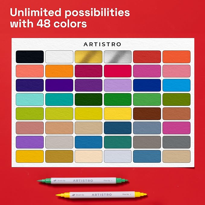 ARTISTRO 48 Dual Tip Fabric Markers - Acrylic Drawing Markers for All Ages & Levels - Fabric Paint Pens for Personalizing Clothes, T Shirts, Bags, Canvas, Textiles (Brush + Fine)