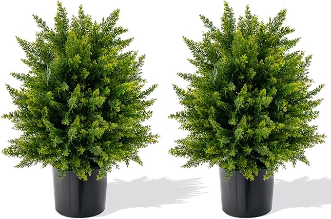 Goplus 21.5” Artificial Cedar Topiary Ball Tree, Set of 2 Faux Potted Plants Artificial Shrubs Bushes with Cement Pot, Fake Evergreen Artificial Topiary for Indoor Outdoor Home Front Porch Decor