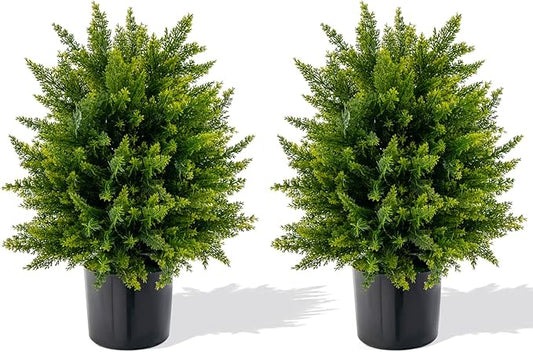 Goplus 21.5” Artificial Cedar Topiary Ball Tree, Set of 2 Faux Potted Plants Artificial Shrubs Bushes with Cement Pot, Fake Evergreen Artificial Topiary for Indoor Outdoor Home Front Porch Decor