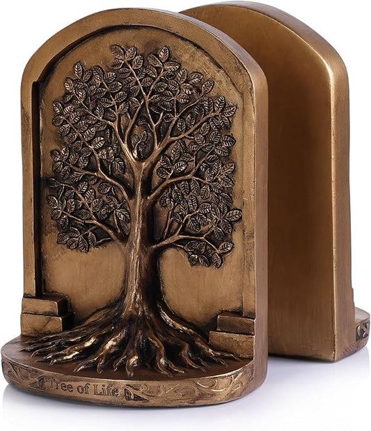Large Vintage Bronze Finish Tree of Life Bookends Set, 2 Non-Skid Heavy Bookends for Shelves or Bookcase, Decorative Bookends for Desktop Shelf Decor, Library Office Decor, Home Décor Gift
