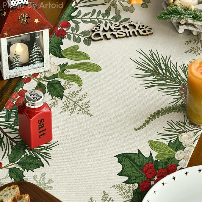 Artoid Mode Holly Pine Cone Christmas Table Runner, Seasonal Winter Kitchen Dining Table Decoration for Home Party Decor 13x48 Inch