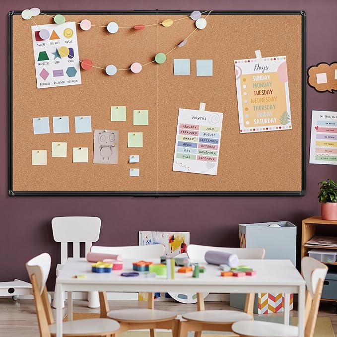 Board2by Extra Large Cork Bulletin Board 72" X 48", Foldable Notice Pin Board for Wall, Black Aluminium Framed 6'x4' Corkboard, Wall Mounted Noticeboard with 32 Push Pins for School, Home & Office