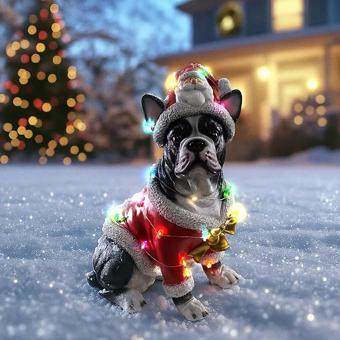 Christmas Outdoor Decoration Dog Statue, LED Light Cute French Bulldog Sculpture with Santa Outfit & Lights for Garden and Yard, Indoor Holiday Décor Gift for mom and dad