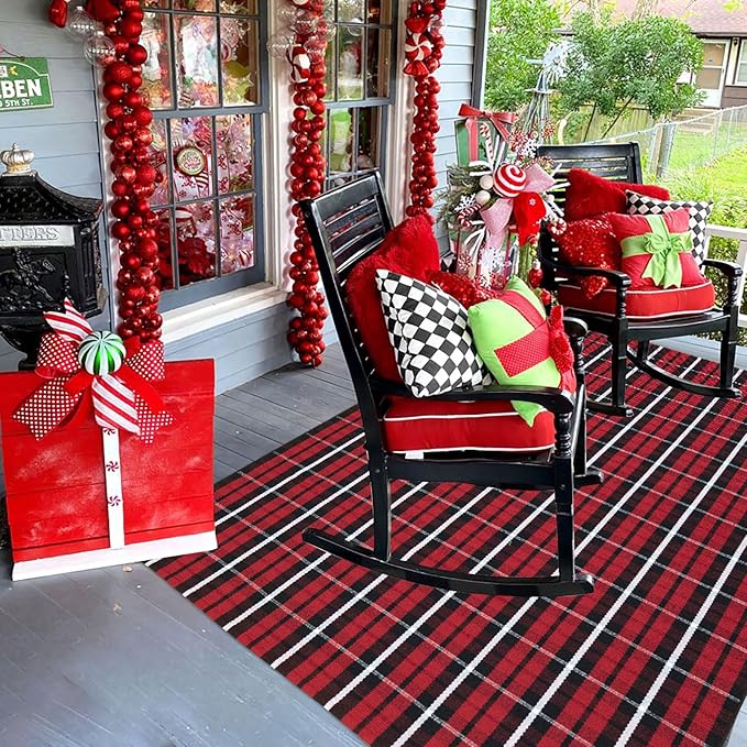 Buffalo Plaid Outdoor Rug 4' x 6' Christmas Door Mat Christmas Decor Welcome Rug Cotton Hand-Woven Layered Door Mats for Front Porch, Kitchen, Farmhouse, Entryway