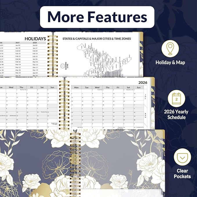 SUNEE 2026 Weekly and Monthly Planner - from January 2026 - December 2026, 8.5"x11" Daily Agenda Planner with Monthly Tab, Flexible Cover, Note Pages, Pockets, Bookmark, Spiral Binding, Dark Blue