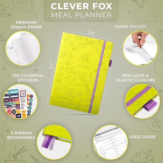 Clever Fox Weekly Meal Planner - Weekly & Daily Meal Prep Journal with Shopping and Grocery Lists for Menu Planning, Healthy Diet & Weight Loss Tracking, Lasts 1 Year, Undated, A5 - Neon Yellow