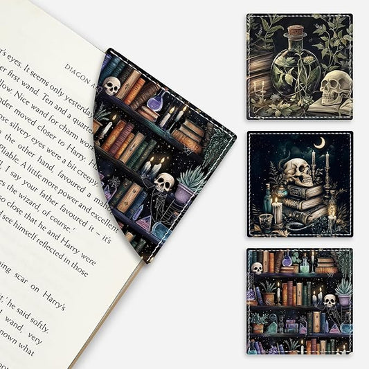 Gothic Skull Corner Bookmarks, Funny Bookshelf Leather Book Accessories for Book Lovers, 3 Pcs Reading Book Page Markers for Women Men Student Teacher Retirement Birthday Gifts