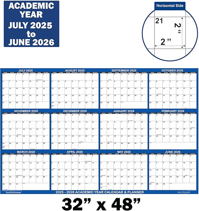 32x48 SwiftGlimpse 2025-2026 Academic Wall Calendar Dry Erase Erasable, XLarge, Wet & Dry Erase Laminated, JULY 2025 to JUNE 2026 ONLY