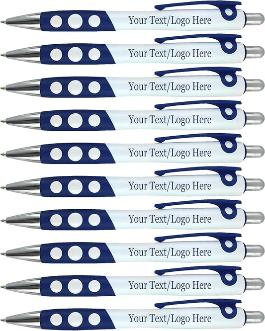 SyPen Personalized Ballpoint Pens With Custom Logo/Text-350 Pack Bulk-for Businesses, Parties, & Events, Custom Printed, White Barrel with Matching Colored Clip and Grip, Click Pens, Black Ink, Blue