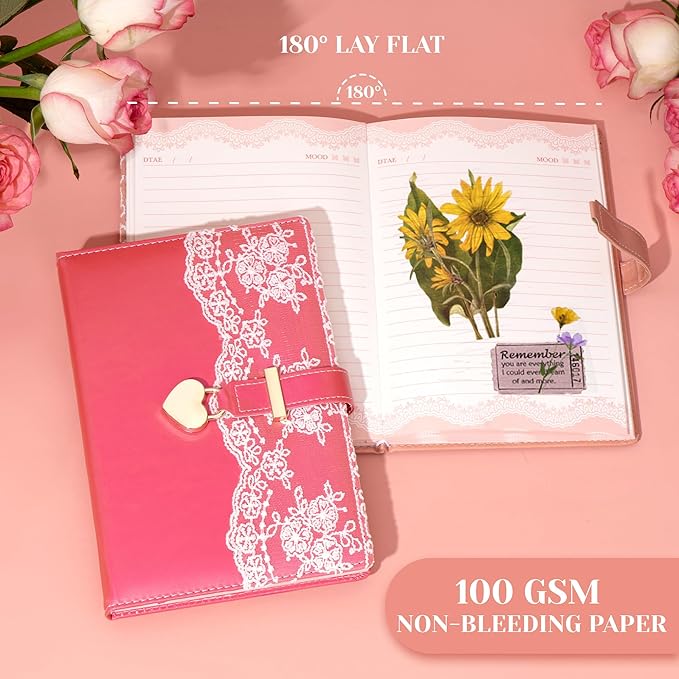Lace Diary with Lock& Gift Box for Women and Girls 224 Pages Cute Journal with Lock and Key A5 Leather Password Locked Journals for Writing Note Taking, Rosy (Pink)