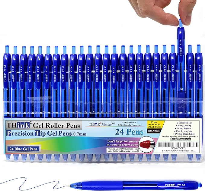 THINK2MASTER [24 Pens - Blue Ink Think2 0.7mm Precision Tip Gel Pens. (24 Blue) Fine Point Small Rollerball Pens with Smooth Quick Drying Ink.