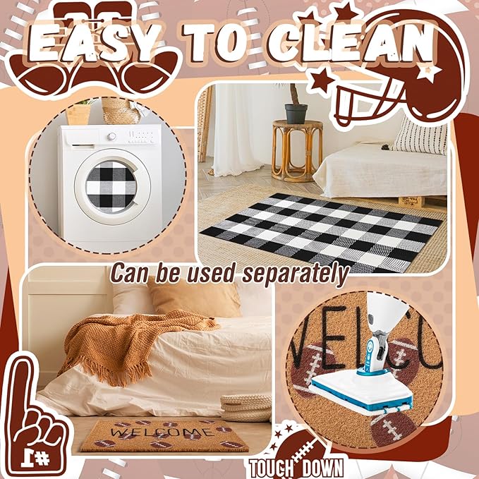 2 Pcs Football Coir Welcome Doormat Outdoor Football Rug Layered Buffalo Plaid Mats for Front Door Porch Outdoor Entryway Decor(Welcome)