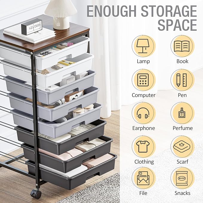 Rolling Storage Cart with 8 Drawers, Utility Cart on Wheels with Wooden Tabletop, Utility Cart for Teacher Storage, Office Organizer, Classroom Storage Cart, Craft Storage, Grey