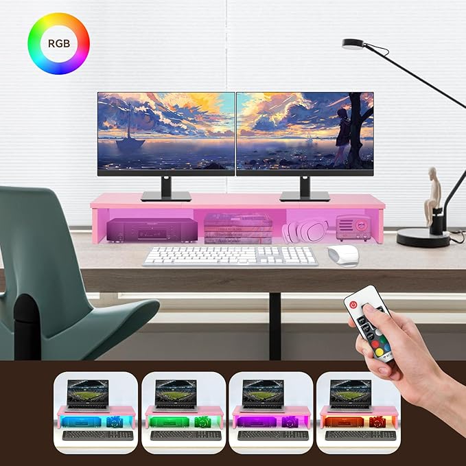 Dual Monitor Stand Riser with LED Lights, Large Monitor Stand for Desk, Computer Monitor Stand for 2 Monitors, Desk Shelf for Top of Desk, Desktop Organizer for Laptop, Printer, TV, Pink