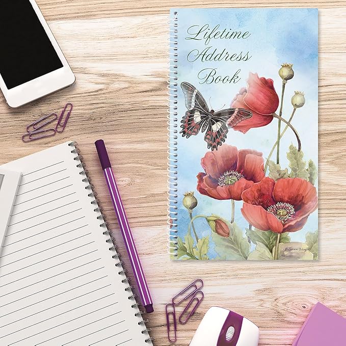 Current Red Spring Poppies Address Book-94 Pages; Small 5" x 8-1/2" Size for Purse or Office,Spiral Bound Soft Cover Organizer for Contacts, Addresses,Email, & Phone Numbers + 50 Replacement Stickers
