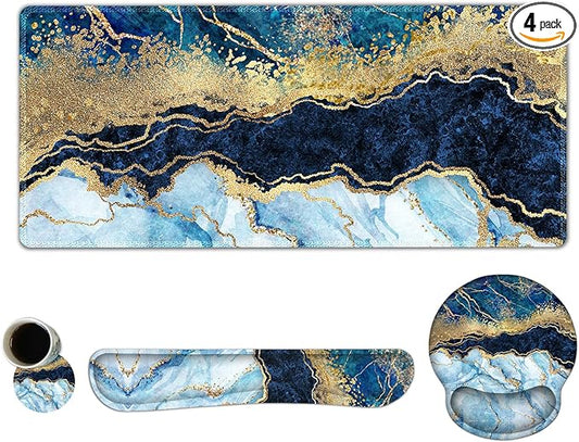 ARTSO Large Mouse Pad Ergonomic Keyboard Wrist Rest Support Set, Memory Foam Gel Wrist Pad, Extended Desk Mat Protector, Non-Slip Desk Blotter, Blue Marble