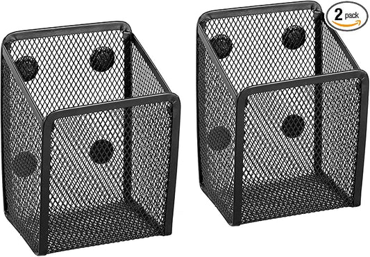 Ameceres Magnetic Pencil Holder - Extra Strong Magnets Mesh Marker Holder Perfect for Whiteboard, Refrigerator and Locker Accessories (1 Basket, 2 Packs Black)