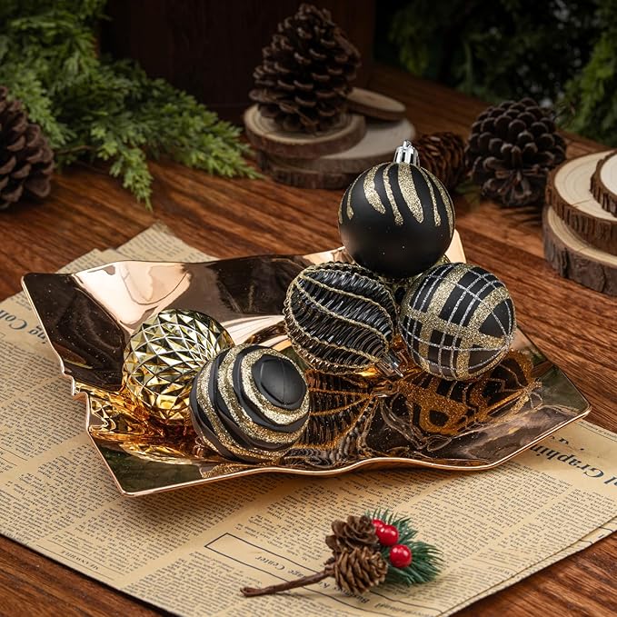 100ct Christmas Ball Ornaments Set, Black and Gold Shatterproof Hand-Painted Hanging Baubles Decoration Bulk for Xmas Tree, Wreath, Garland, Home Holiday Decor