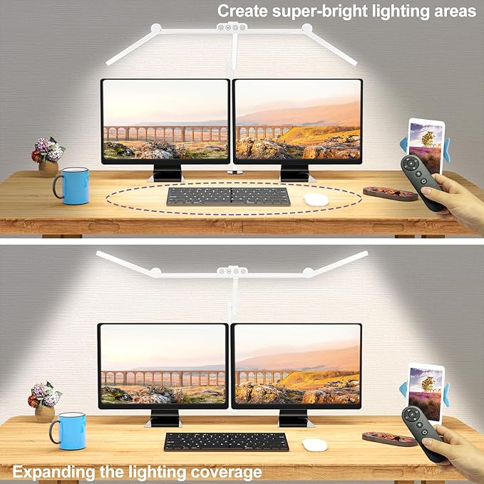 Micomlan Architect Desk Lamp with Clamp, Led Desk Lamp for Home Office with Remote Control, 24W Bright Dimmable Computer Light with Atmosphere Lighting Adjustable Table Light(Remote)