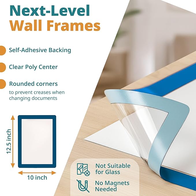 8.5 x 11 Adhesive Wall Frames - Peel & Stick Picture Frames, Wall Sign Holder, Paper Protector Sheets, Certificate Holders, Reusable Picture Frame, Dry Erase, Non Magnetic - Blue, Pack of 5