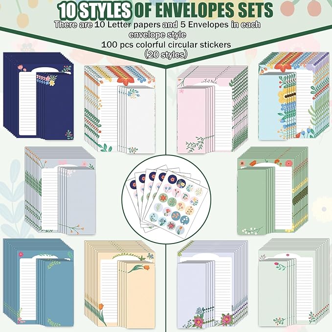 250Pcs Cute Stationery Paper and Envelope Set with 100 Letterhead Papers and 50 Envelopes,10 Design for Letter Writing Invitations Computer Holidays Party Notes, 8.5x11 Inch- Lined Flower