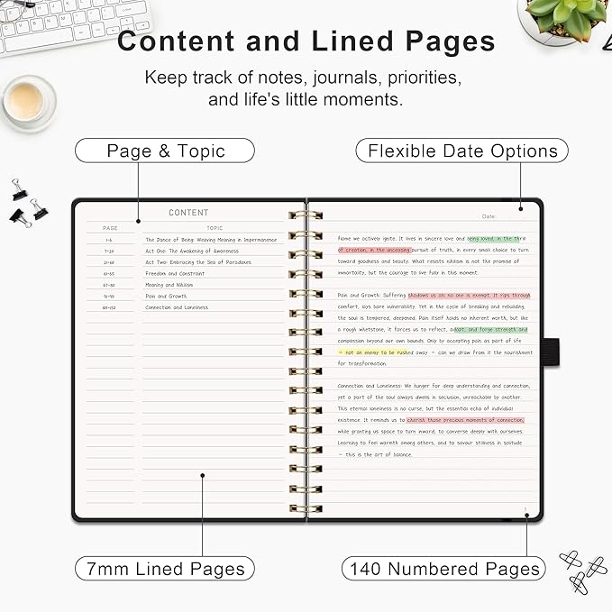 RETTACY Lined Journal Notebook, 140 Numbered Pages, A5 Medium Size (5.7'' x 8.3''), for Men & Women, Journaling, Writing, Work & Office, Spiral-bound, Hardcover, 100 GSM Thick Paper (Black)